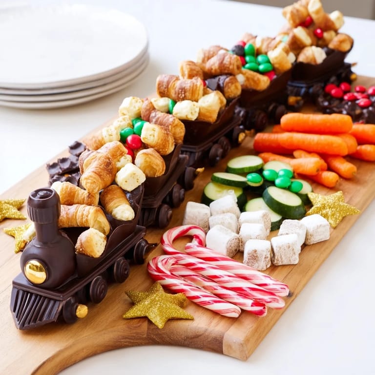 A colorful and delicious Polar Express Train Treat Board overflowing with holiday goodies and cheese cubes.