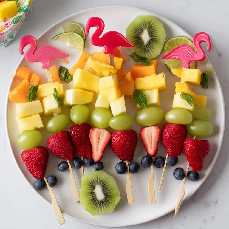 Delicious and refreshing Flamingo Fruit Skewer Platter, featuring juicy strawberries and mango on playful skewers.