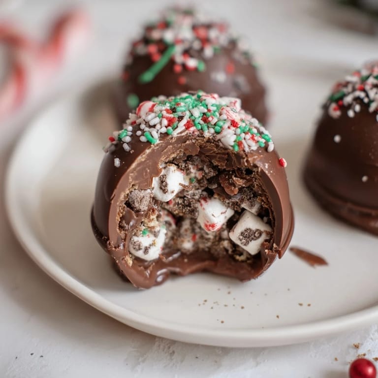 Colorful array of toppings alongside a tray of homemade dark chocolate Hot Cocoa Bombs.