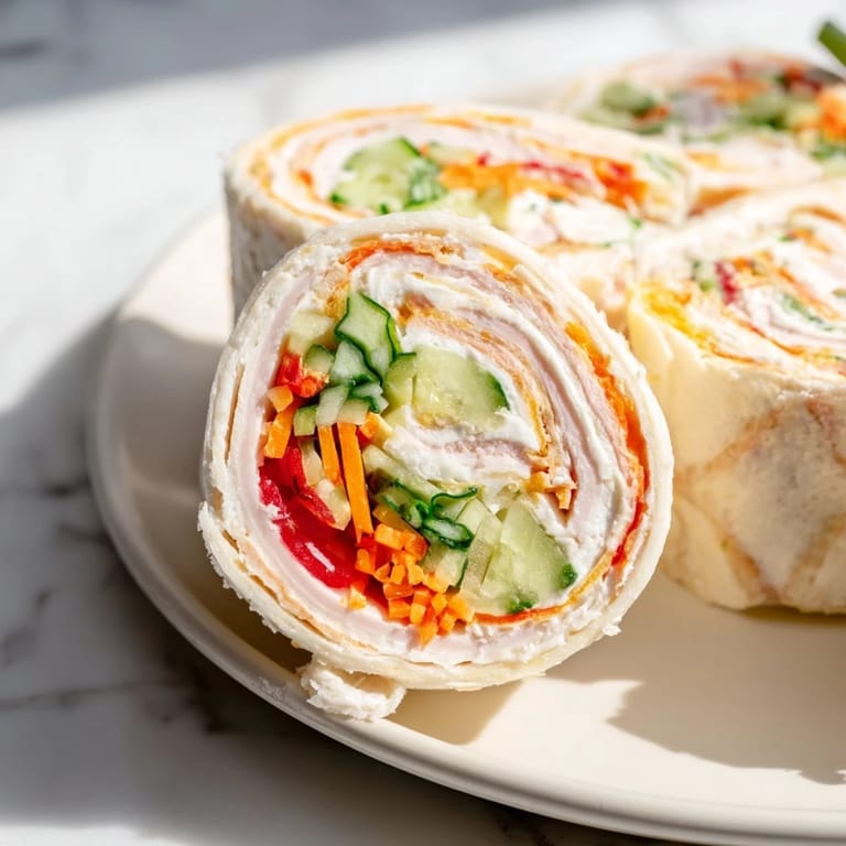 Appetizing photo of Savory Smoked Turkey Pinwheels, showing sliced pinwheels with a creamy filling.