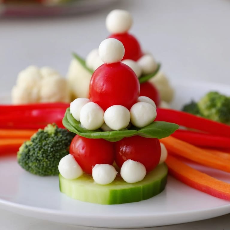 Close-up of a festive Savory Crudités: Veggie Santa Hat Dip platter with colorful fresh vegetables and dip.