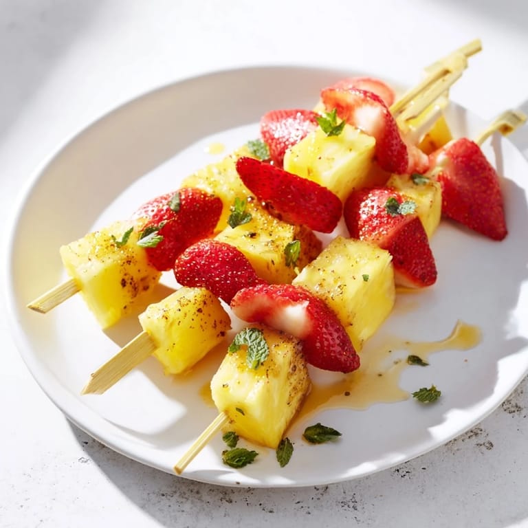 Perfectly assembled fruit skewers featuring juicy strawberries and pineapple, ready for serving.