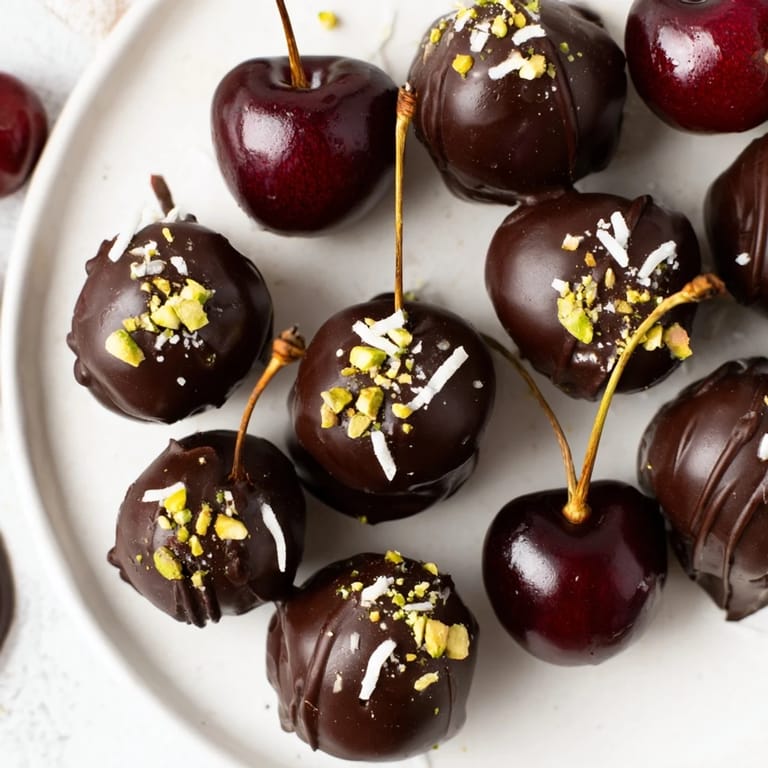 Dark chocolate-kissed chocolate-covered cherry dessert bites, an elegant treat with chopped pistachios.