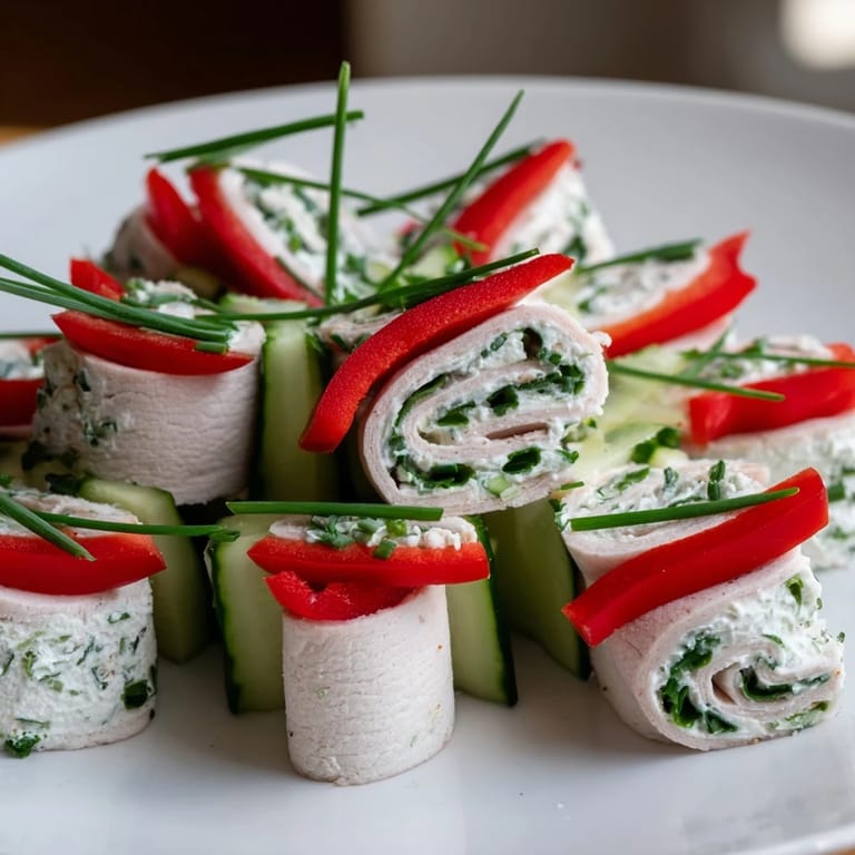 Cream cheese-filled turkey roll-ups, presented on a platter ready to serve at a party.