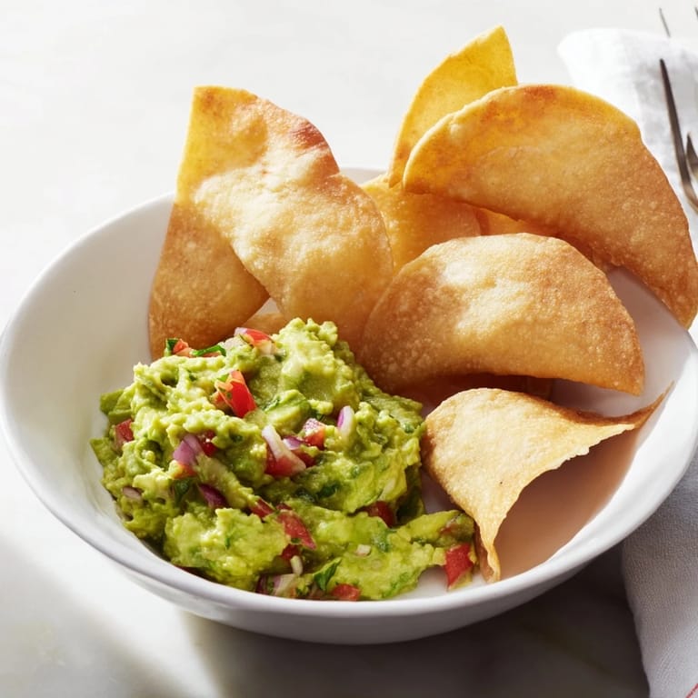 A close-up shot of crispy pita chips ready for dipping into fresh, homemade guacamole.