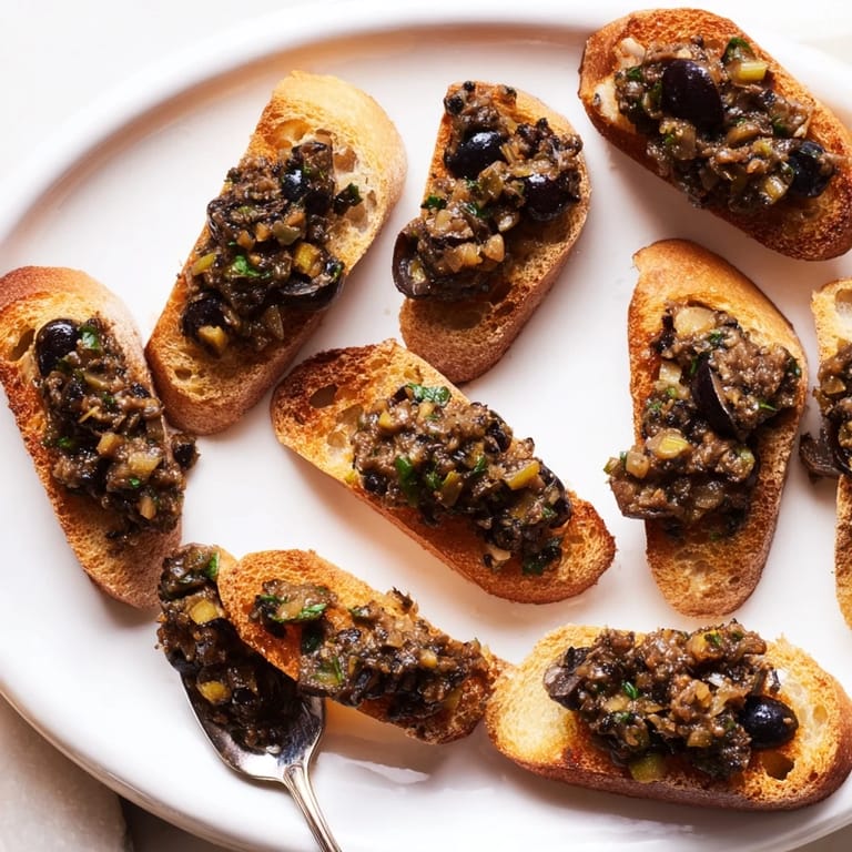 Savory Black Olive Tapenade, blended with herbs and served with crispy, golden baguette crostini.