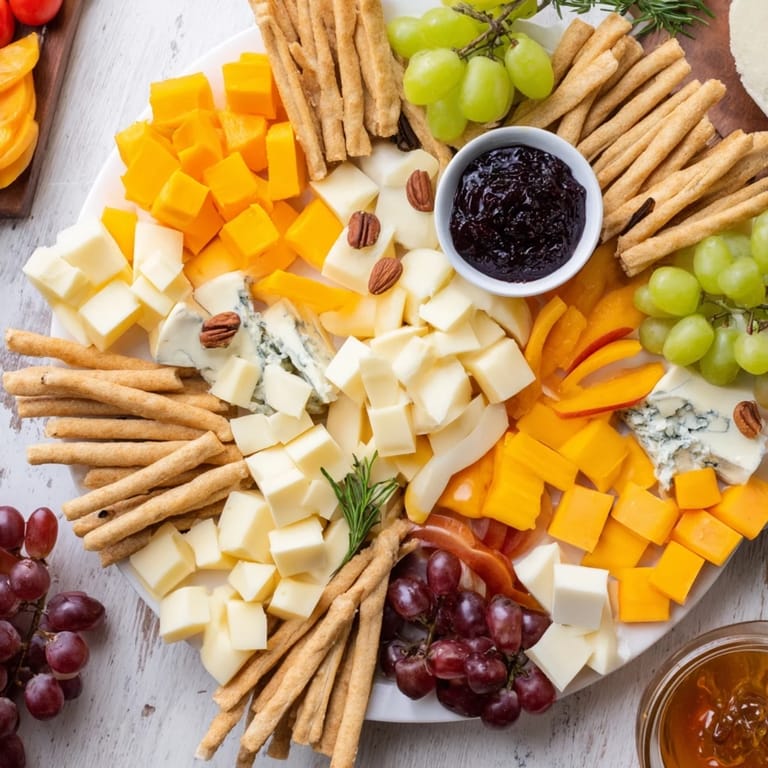 This Housewarming Open House spread presents an elegant platter with an array of delicious, varied cheeses and crackers.