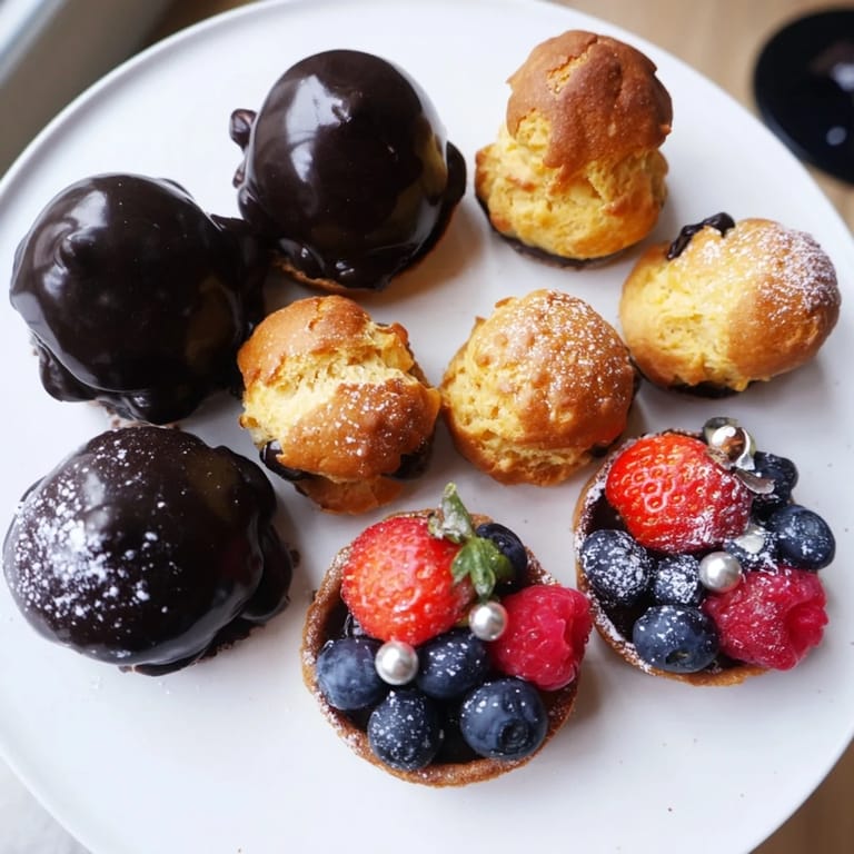Miniature French pastries including Choux puffs make up a beautiful Piste de Train Mignardises dessert train track.