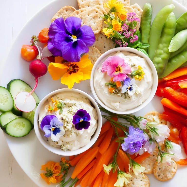 Colorful Fairy Garden Platter boasts beautiful edible flowers, perfect for a fresh, healthy appetizer.