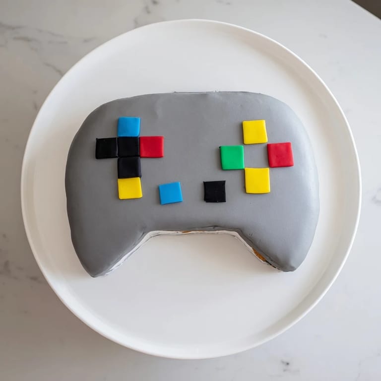 This fun Pixel Video Game Controller Cake features pixelated buttons, looking inviting and ready to be enjoyed as dessert.