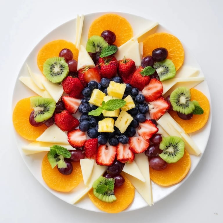 The visually striking Kaleidoscope Circle appetizer features assorted cheeses and fresh fruits served.
