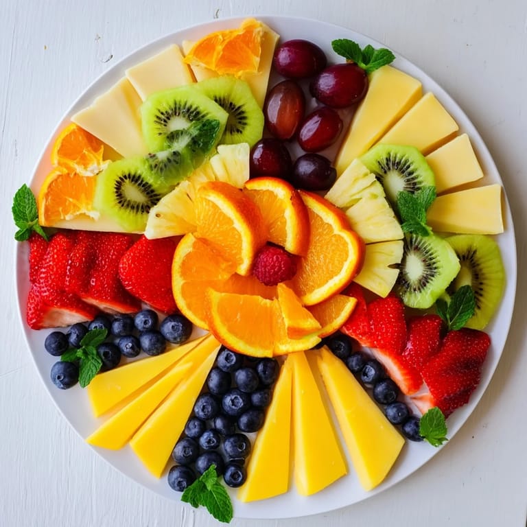 A beautiful Kaleidoscope Circle platter offers a delightful array of cheeses and brightly colored fruit.