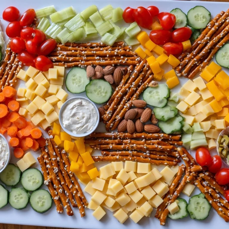 Enjoy the visually exciting Urban Grid: pretzel roads crisscrossing a spread of cheeses and veggies.
