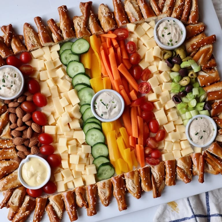 Colorful cubes and halved tomatoes fill blocks on the delicious Urban Grid snack platter.