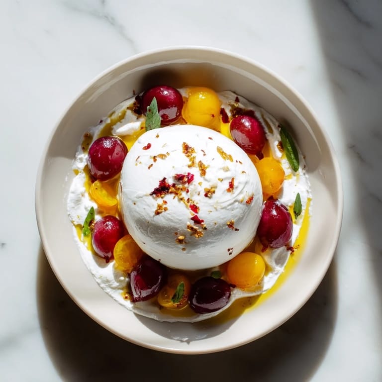 Fresh Moonlit Lagoon salad showcases juicy blueberries and grapes surrounding a soft, white burrata center.