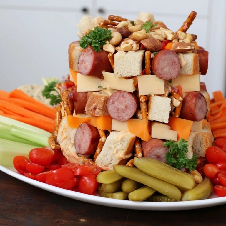 A generous tailgate party power stack features colorful layers of meats, cheeses, and dips, perfect for sharing.