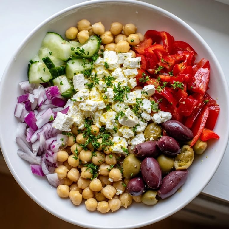 Freshly tossed Mediterranean Chickpea and Feta Bowl showcasing colorful vegetables, olives, and vegan feta.