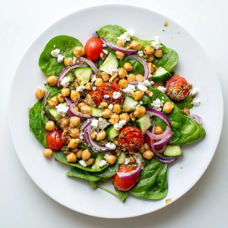 A bright, inviting Pesto Chickpea and Spinach Salad, showcasing colorful tomatoes and creamy chickpeas.