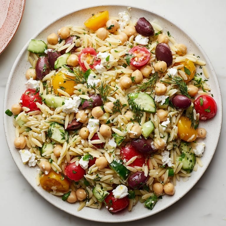A bowl of colorful Greek Lemon-Orzo Bean Salad, a light and refreshing vegetarian meal option.