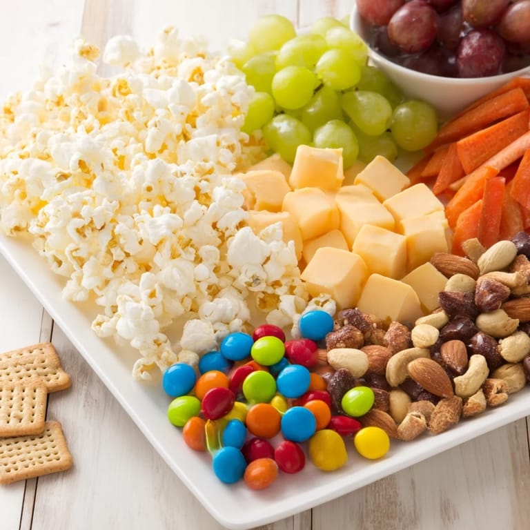 A visually stunning Movie Night Munchie Board with colorful candies, popcorn, and tempting bite-sized treats ready to enjoy.