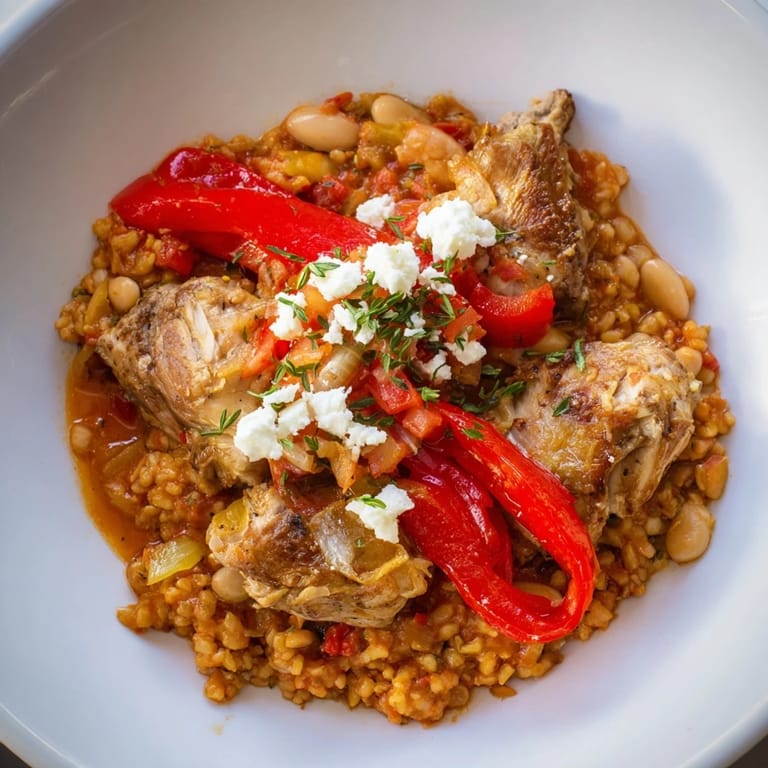 Close-up of a rustic, savory white bean and roasted red pepper chicken dish ready to eat.