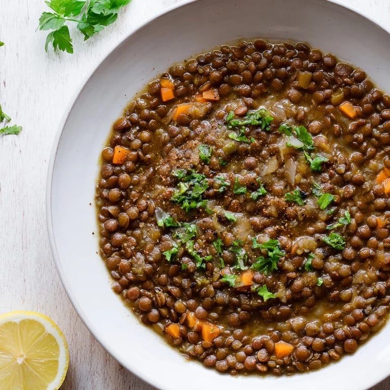 Close-up of a rich, vibrant Middle Eastern lentil and chickpea stew, garnished with fresh parsley.