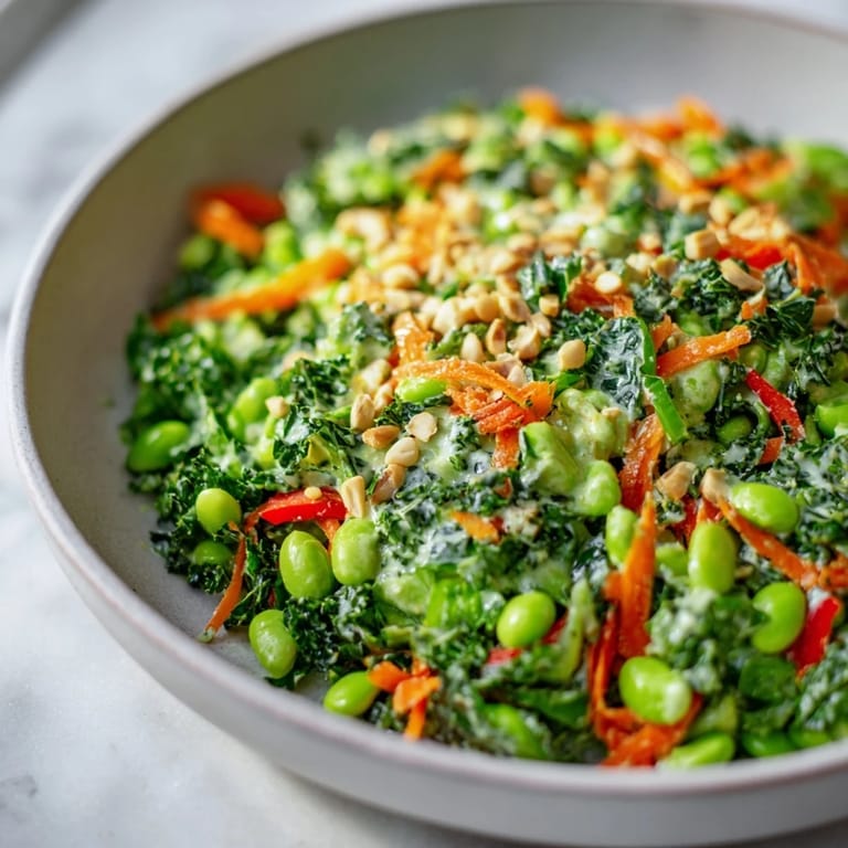 A close-up shot of the refreshing Crunchy Cabbage and Edamame Salad, ready to be enjoyed as a side.