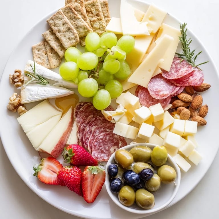 A visually appealing close-up of a perfectly constructed quick charcuterie snack board ready to serve.