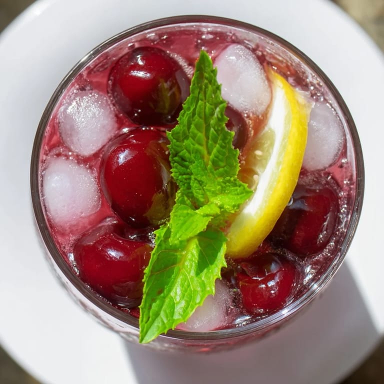 Enjoy a soothing, red Sleepy Girl Cherry Mocktail, a delightful blend of cherry and sparkling water.