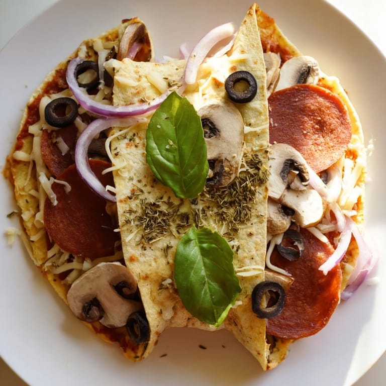 A close-up of a folded, fully-loaded Cheesy Tortilla Pizza Wrap, ready to eat and bursting with flavor.