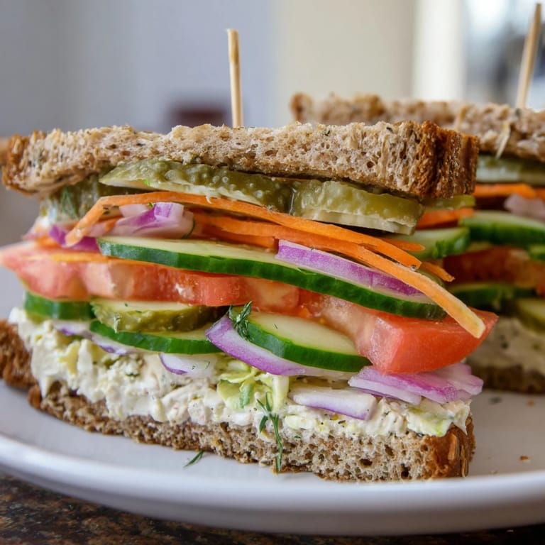 A close-up of a perfectly constructed crunchy dill pickle sandwich, showcasing texture and freshness.