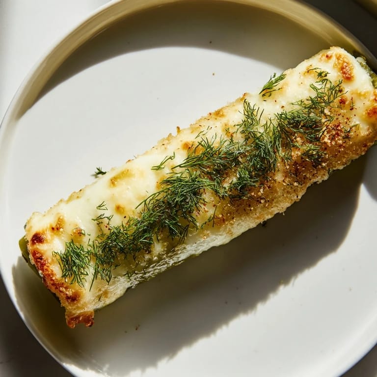 A close-up reveals the sizzling, cheesy exterior of fresh-made Melted Cheese Pickle Rolls, a perfect quick appetizer.