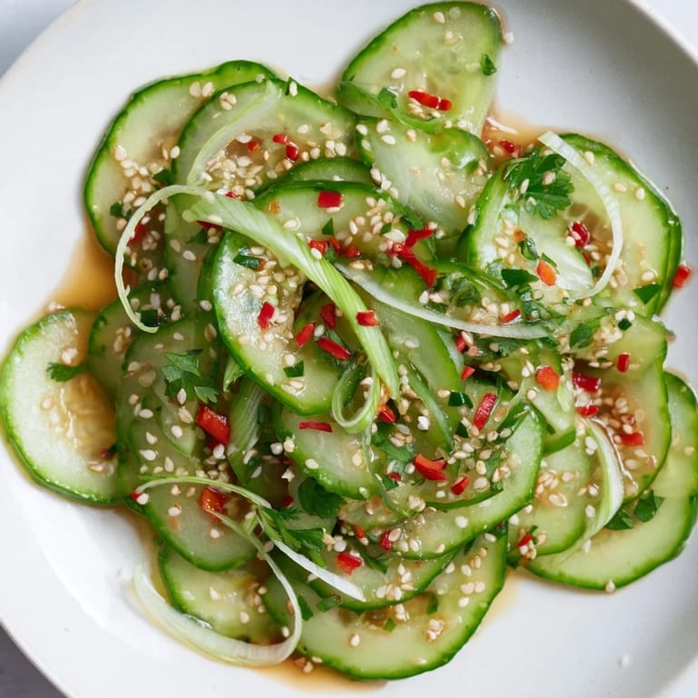 A bowl of fresh Tangy Shaken Asian-Style Cucumber Salad, showcasing the crisp cucumber slices and seasonings.