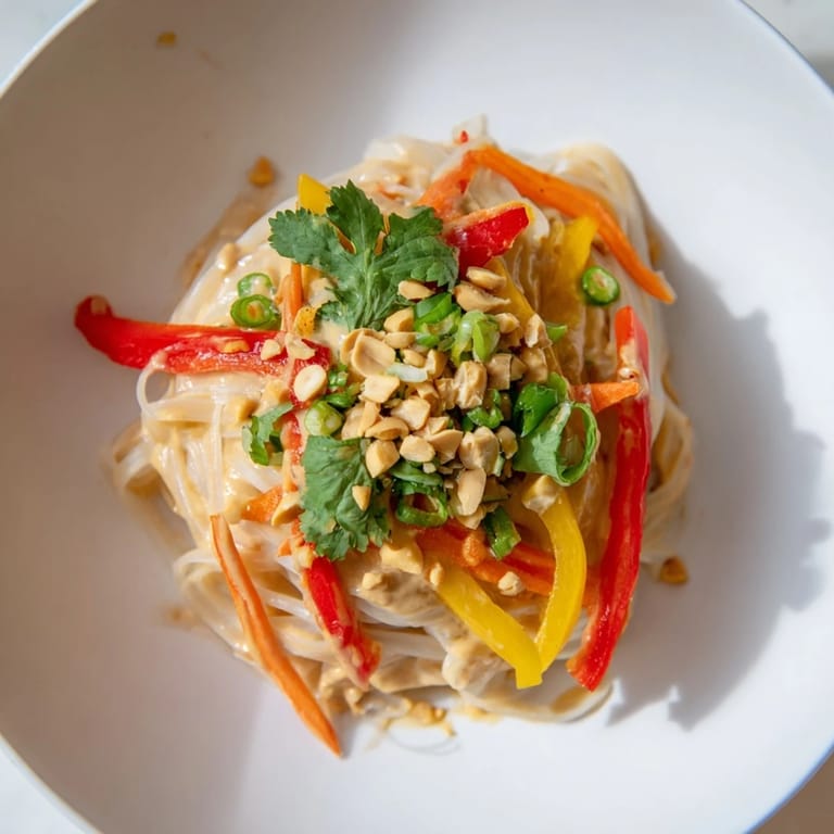 Delicious Spicy Peanut Noodles, garnished with peanuts and cilantro, offering a flavorful and satisfying vegetarian dish.