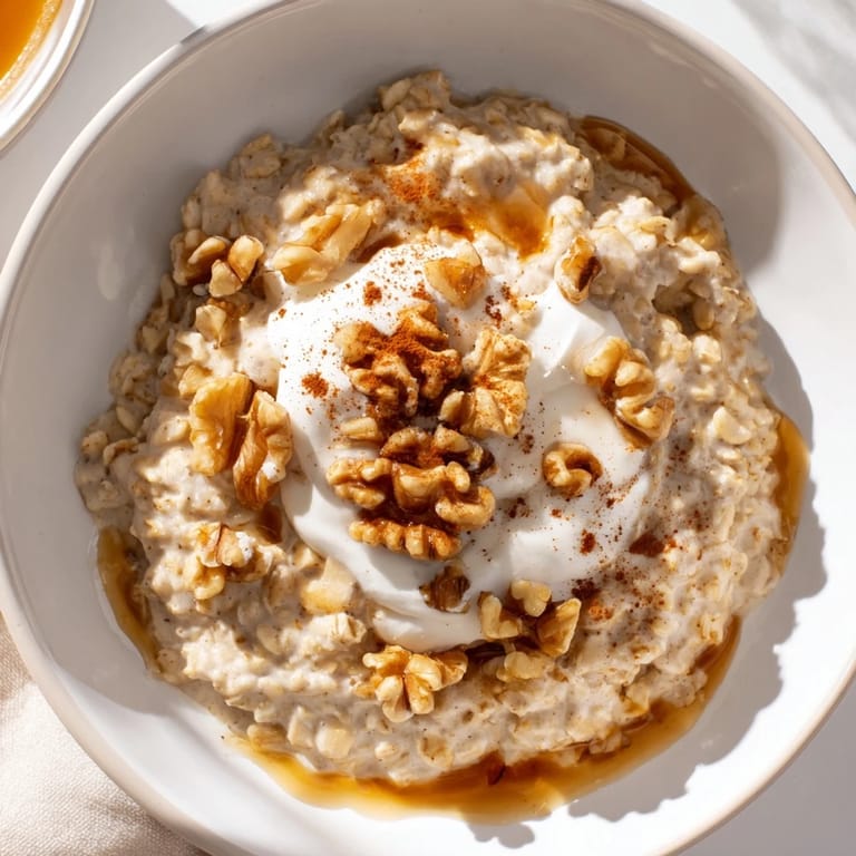 Richly flavored Pumpkin Spice Latte Oats, showcasing a creamy texture with optional pecan topping.