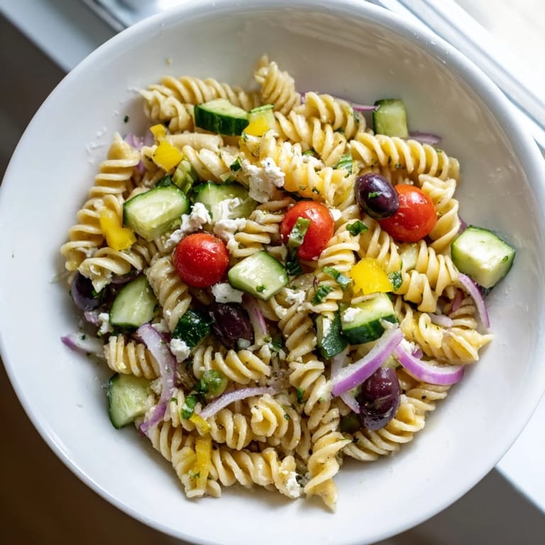 Vibrantly plated lemon pasta salad with juicy tomatoes, olives, and fresh herbs, ready to serve and enjoy.