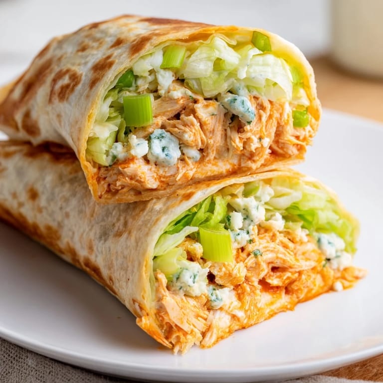 Freshly made Buffalo Chicken Dip Wrap, with romaine lettuce spilling out, perfect for a hearty meal.