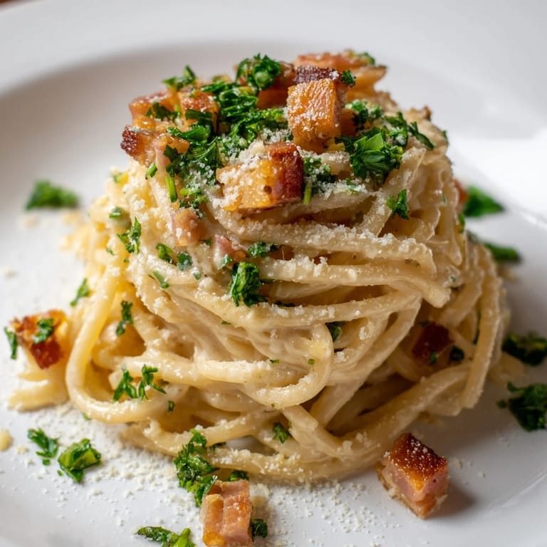Close-up of creamy garlic bacon pasta, a comforting Italian-inspired main dish with Parmesan.