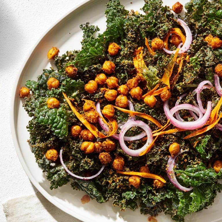 Close-up of a Kale Salad featuring lemon-dressed kale with crunchy roasted chickpeas on top.
