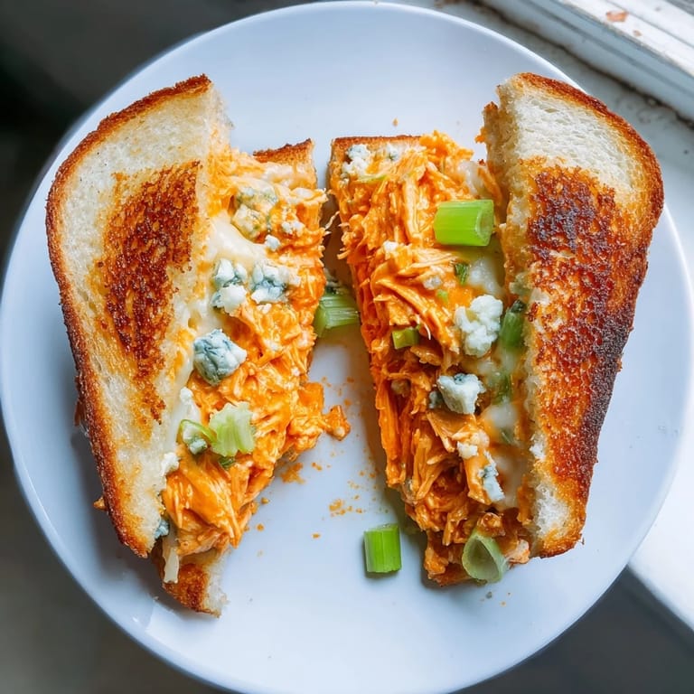 Golden, toasted sourdough holding a generous filling in this amazing Buffalo Chicken Grilled Cheese.