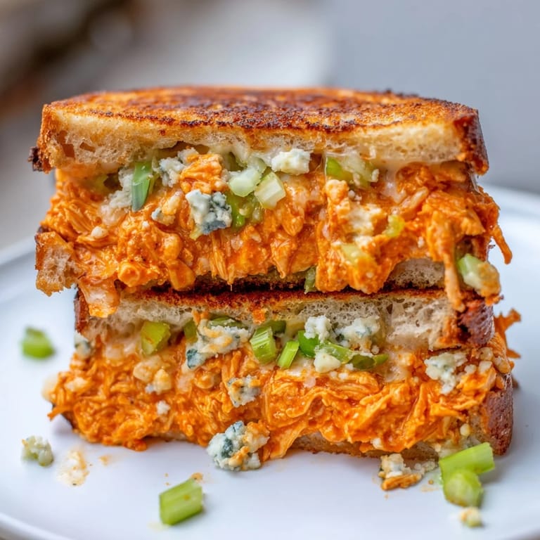A side angle of a perfectly grilled Buffalo Chicken Grilled Cheese, ready to be sliced and devoured.