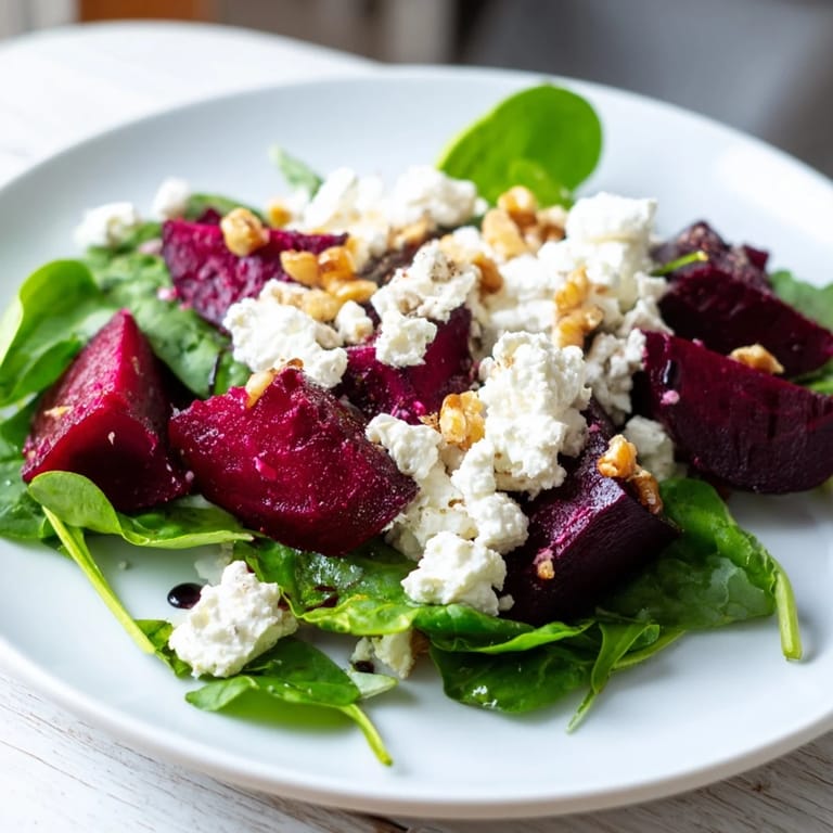 Fresh, colorful Beet and Goat Cheese Salad arranged for serving, drizzled with tangy balsamic vinaigrette.