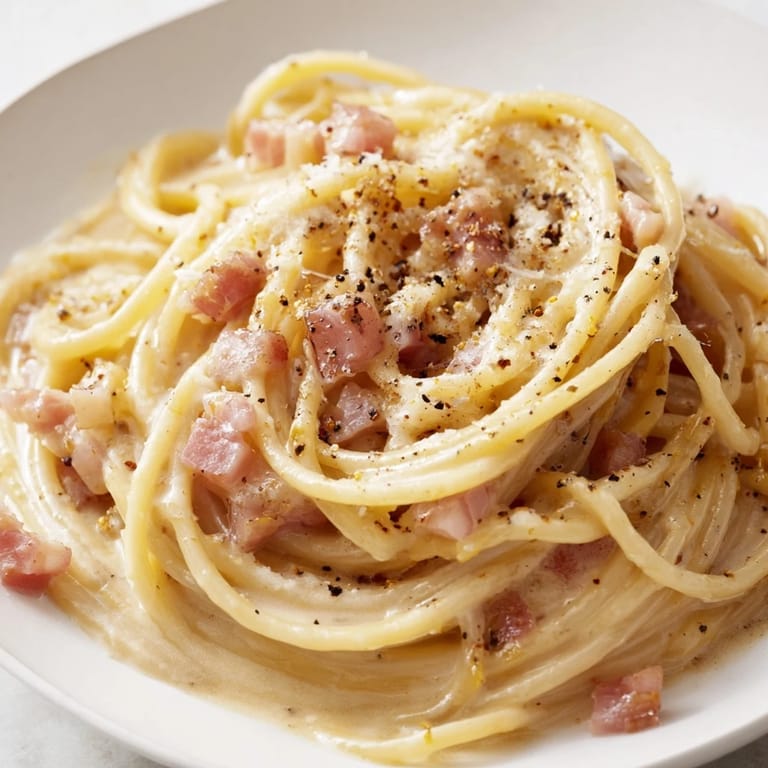 A flavorful plate of Express Spaghetti Carbonara, garnished with extra Parmesan and fresh cracked pepper.