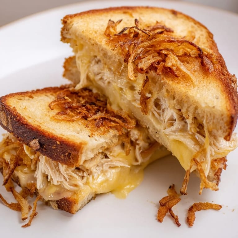 Savory Crispy Shallot Chicken Grilled Cheese sandwich halves, revealing the juicy chicken and crispy toppings inside.