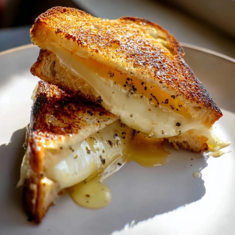 Perfectly cooked Truffle Oil Grilled Cheese; golden crust, oozing cheese, and a fragrant truffle oil drizzle.