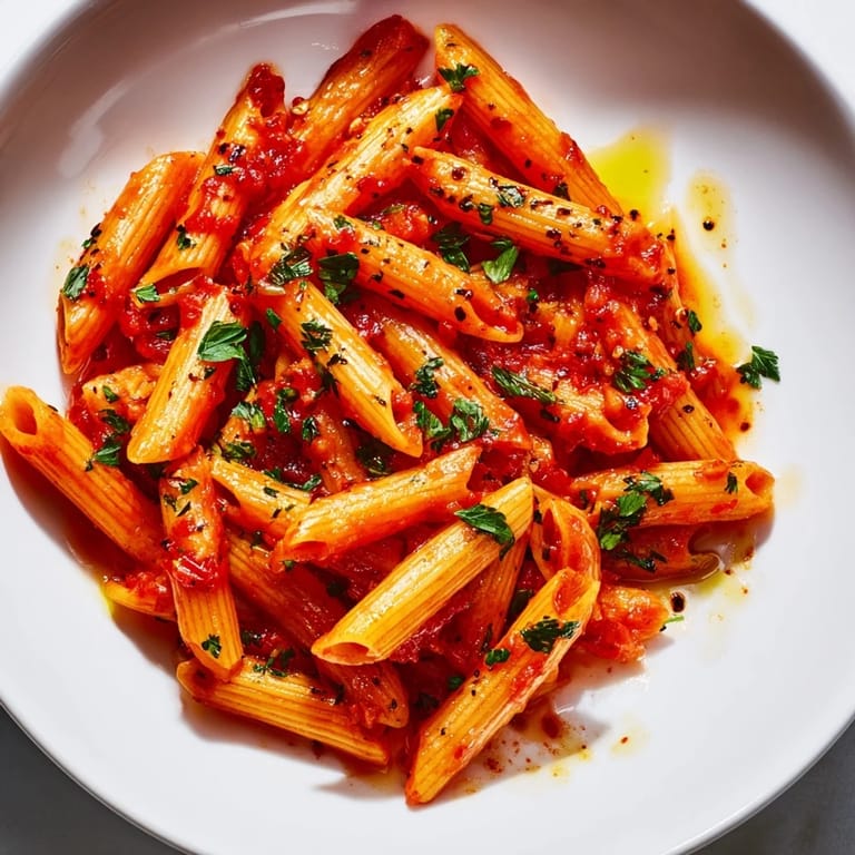 Hearty Italian penne all'arrabbiata: perfectly cooked pasta in a flavorful, fiery tomato base.