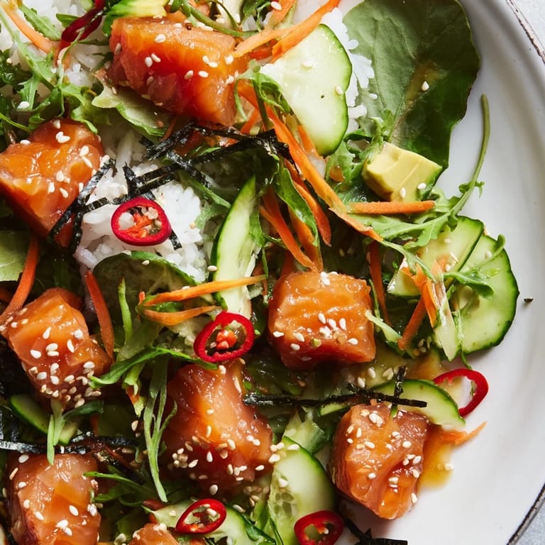 Enjoy a refreshing Poke Bowl Salad, a vibrant dish of fish, rice, and savory soy-ginger dressing.
