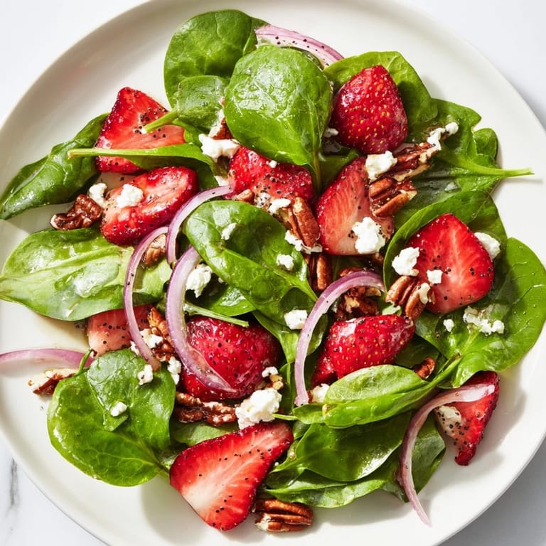 Close-up of a refreshing spinach strawberry salad featuring juicy strawberries and crunchy pecans, ready to serve.