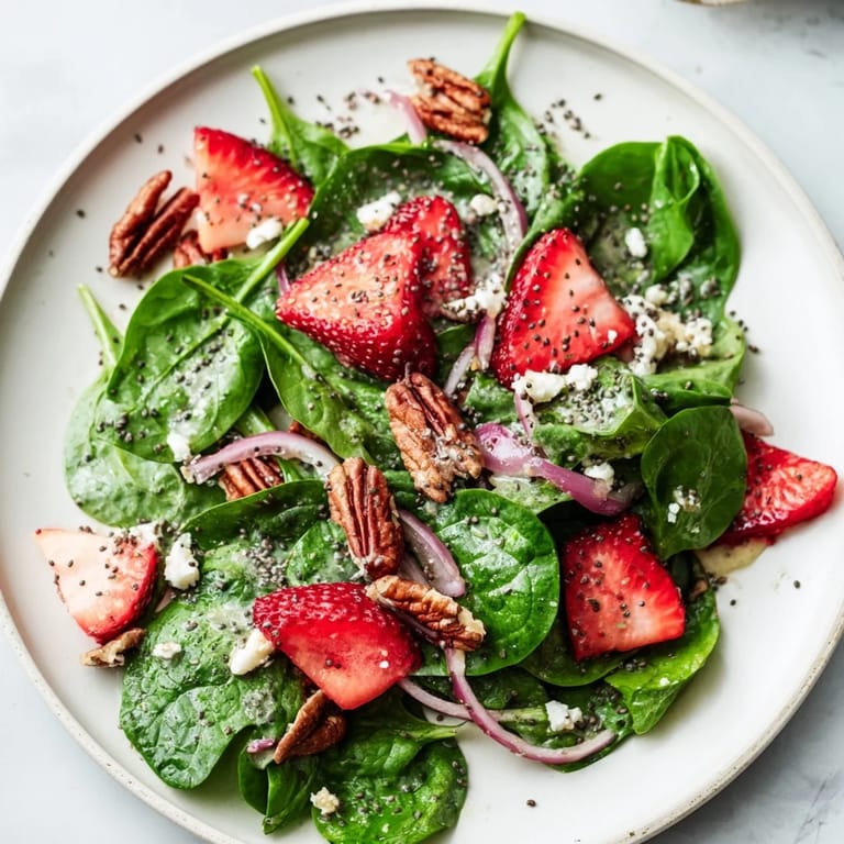 Tempting view of a colorful spinach strawberry salad, perfect for summer gatherings and light lunches.