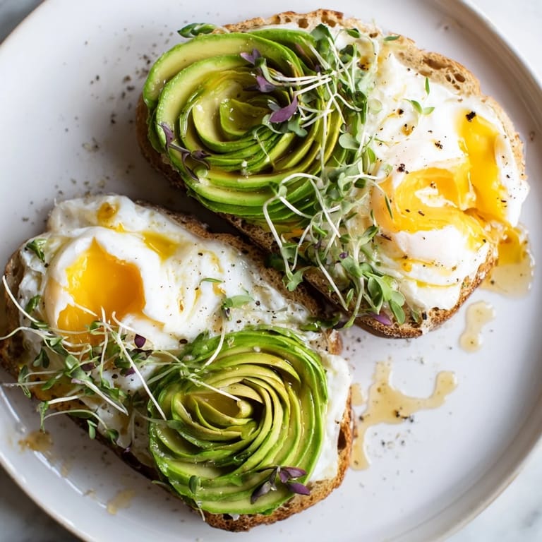 Beautiful plated Cloud Toast 2.0: Baked egg whites, avocado, microgreens, and delicious sourdough toast.